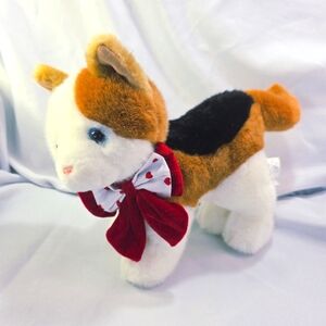 Walmart Calico Cat Plush Stuffed Toy Red Velour Bow Hearts Blue Eyes 9.5 Inch